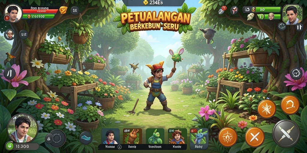 Tampilan gameplay seru dalam 234E dengan kegiatan berkebun yang menyenangkan.