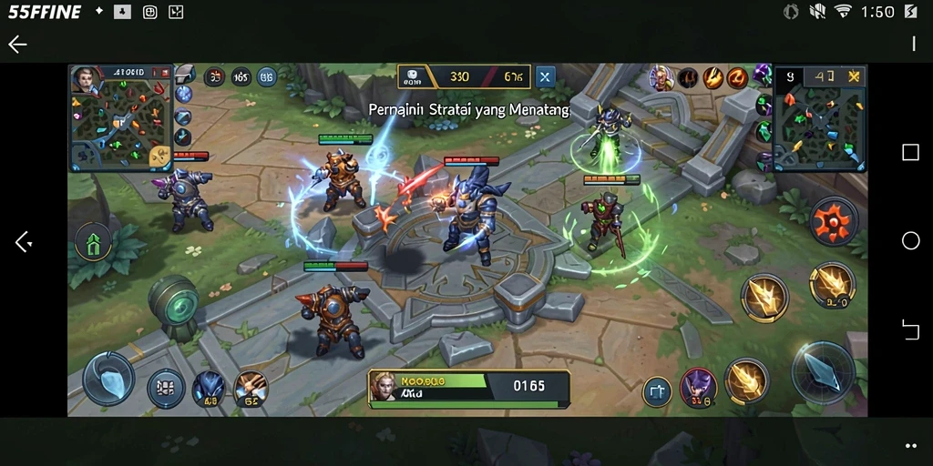 Tampilan gameplay mendebarkan dari 55FIVE yang menunjukkan strategi dan pertarungan.