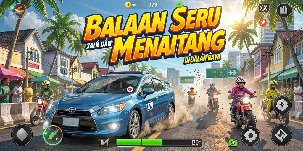 Screenshot D73 menampilkan balapan seru dengan mobil yang melaju kencang.