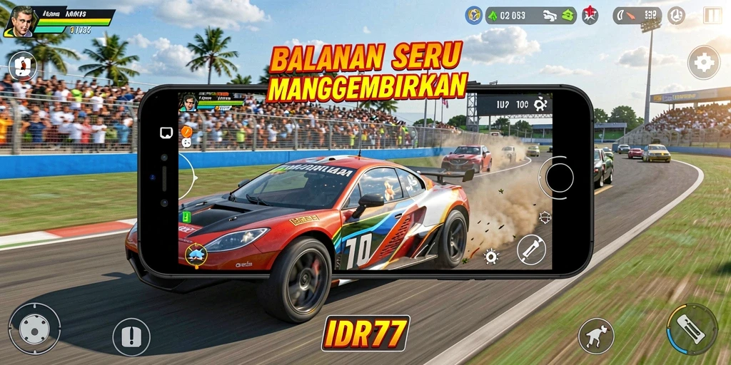 Tampilan gameplay seru dari IDR77 dengan mobil balap melaju kencang.