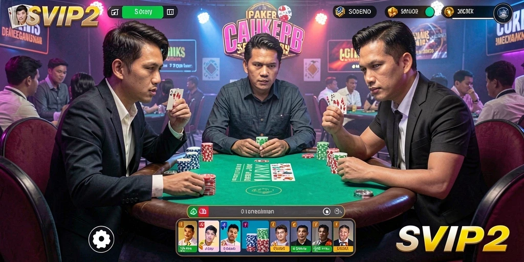 Tampilan gameplay SVIP2 menampilkan suasana poker yang mendebarkan.